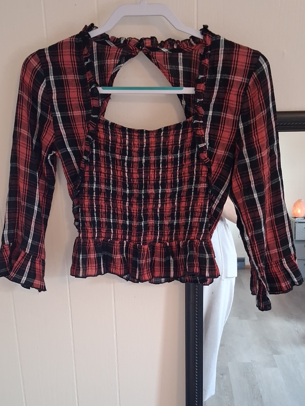 Free People Red Plaid Smocked Ruffle Crop Top
